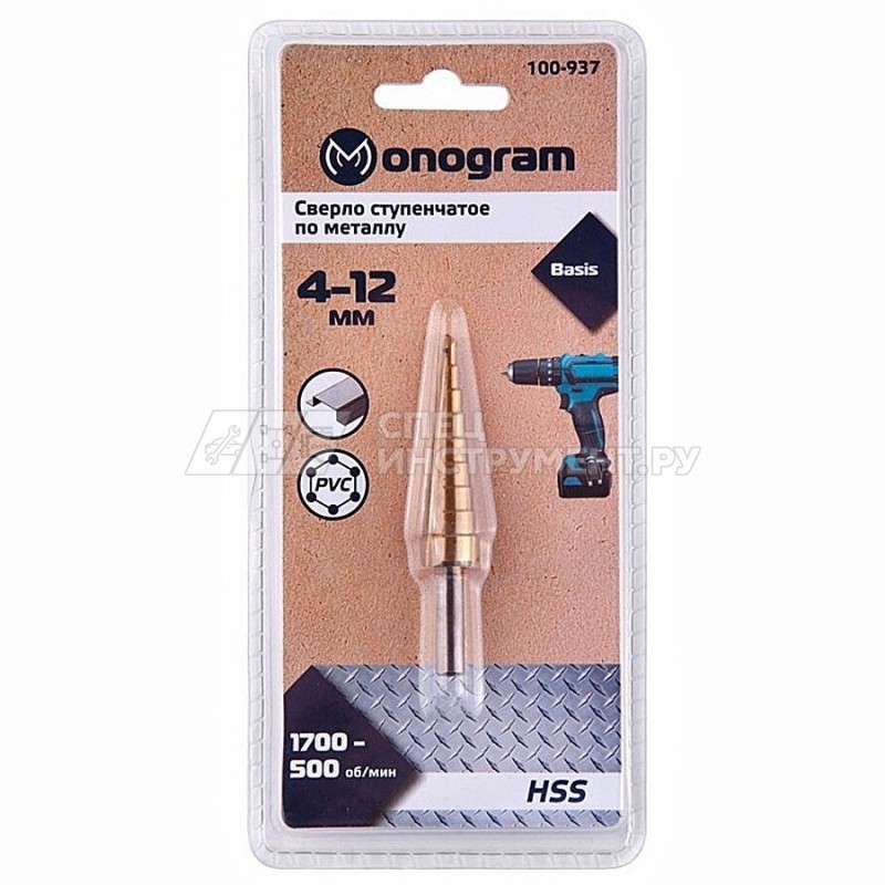 Сверло ступ. по мет. 4-12мм, 9 ступ.,шаг 1мм, HSS, с прямой режущей кромкой MONOGRAM Basis 100-937