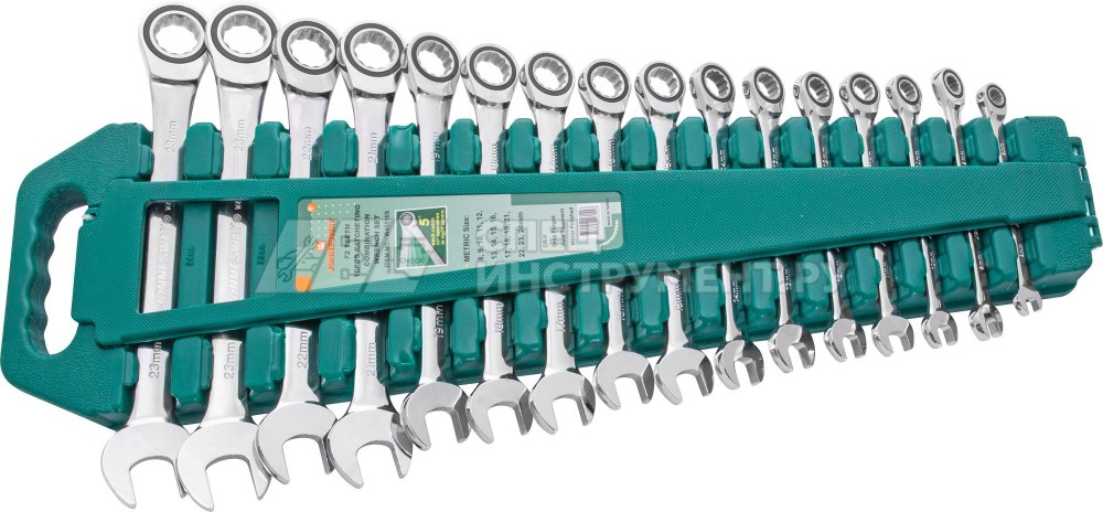 Набор ключей гаечных комбинированных трещоточных на держателе, 8-24 мм, 16 предметов