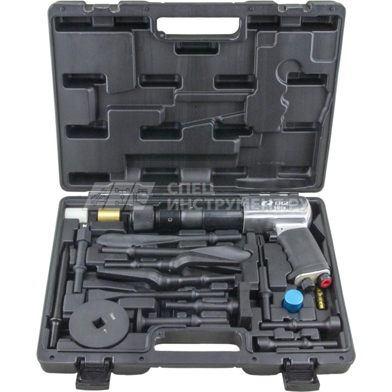 Пневмомолоток с набором зубил и насадок 19пр., (ход 10мм, 2100 ударов/мин, 6bar, NTP 1/4") в кейсе LG-94702 LIGE /1 NEW