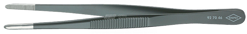 Пинцет захватный прецизионный, закруглённые зазубренные губки шириной 3.5 мм, пружинная сталь, хромированный, матовая чёрная лакировка, L-145 мм