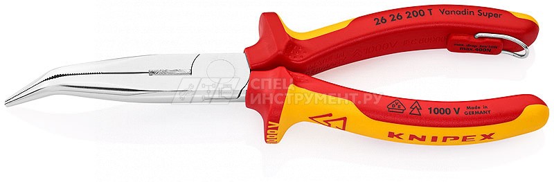 Длинногубцы с режущими кромками VDE 1000V, полукруглые губки 40°, рез: проволока средней твёрдости  3.2 мм, твёрдая проволока  2.2 мм, L-200 мм, диэлектрические, хромированные, 2-компонентные рукоятки, крепление для страховки, блистер