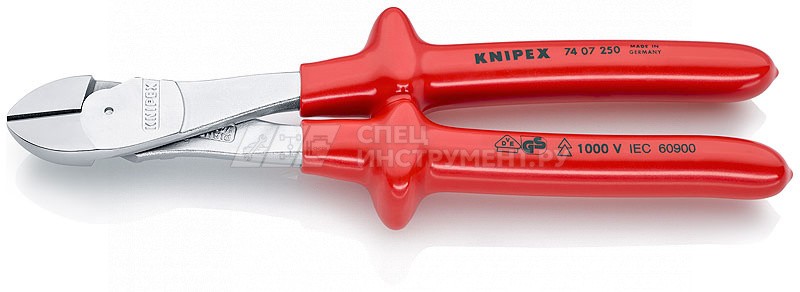 Бокорезы особой мощности VDE 1000V, рез: проволока средней твёрдости  4.6 мм, твёрдая проволока  3.5 мм, рояльная струна (HRC 59)  3 мм, L-250 мм, диэлектрические, хромированные, обливные рукоятки