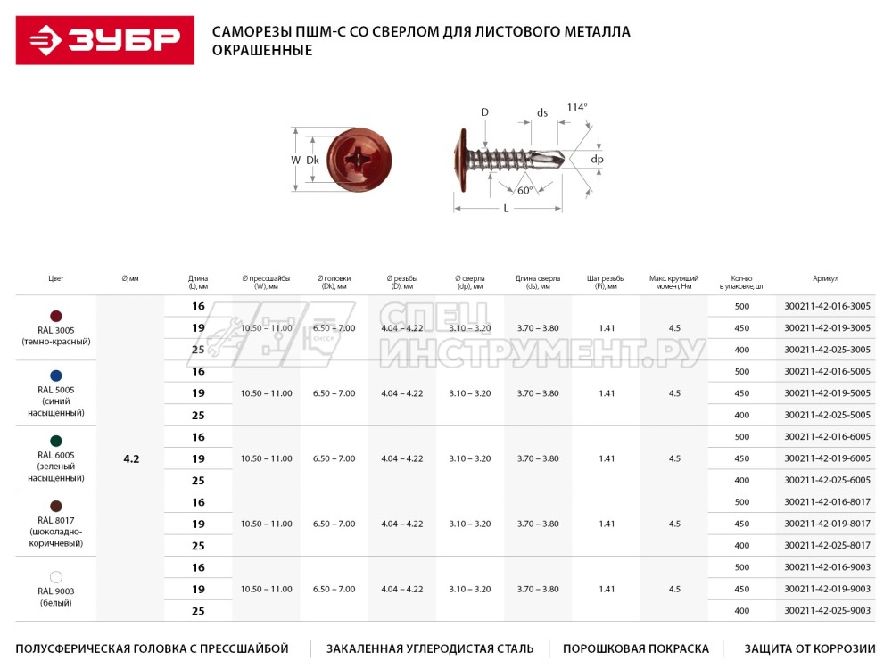 Саморезы ЗУБР с прессшайбой и сверлом по листовому металлу до 2мм, окрашенные в RAL-8017, PH2, 4,2х16мм, 500шт