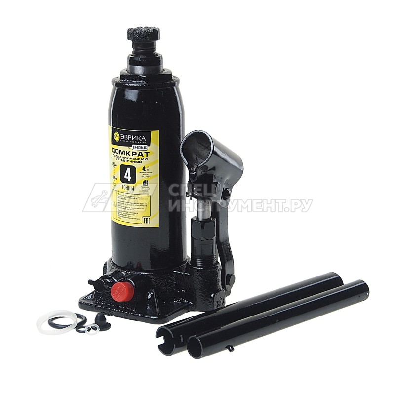 Домкрат гидравлический ER-80041S бутылочный с клапаном 4т, ремкомплект (выс. подъема 195-380мм) в кейсе ЭВРИКА