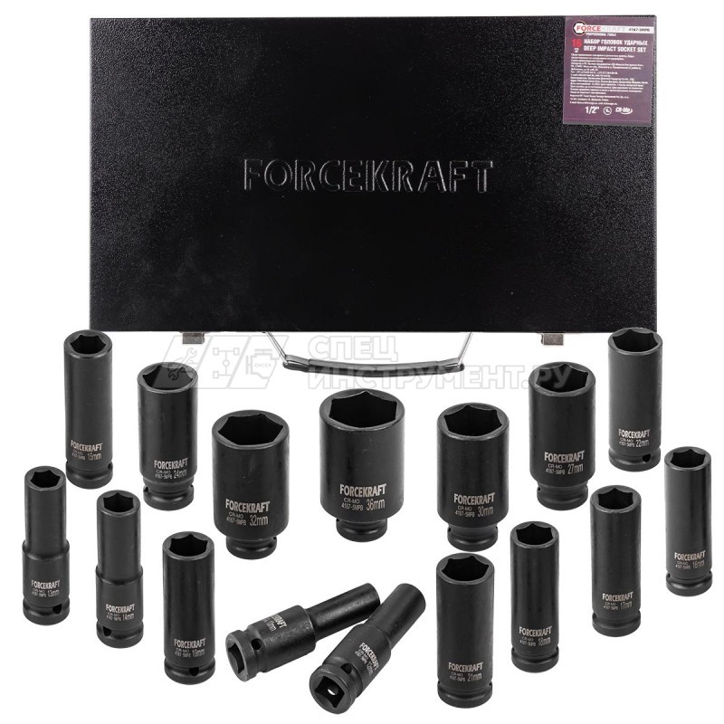 Набор головок ударных глубоких 16пр.,1/2" 6гр.(10,12-19,21,22,24,27,30,32,36мм), в металлическом кейсе