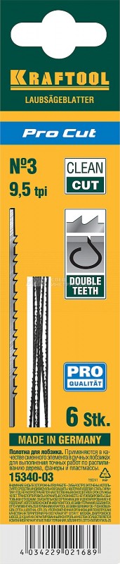 Полотна KRAFTOOL "Pro Cut" для лобзика, с двойным зубом, №3, 130мм, 6шт