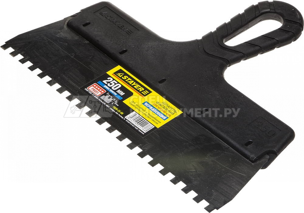 Шпатель STAYER "PROFESSIONAL" нержавеющий зубчатый с пластмассовой ручкой, 250мм, зуб 6х6мм