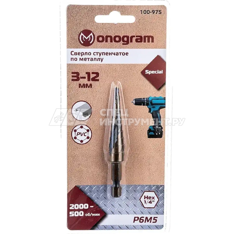 Сверло ступ. по мет. витое 3-12мм, 10 ступ.,шаг 1мм, Р6М5, Hex 1/4", MONOGRAM Special 100-975