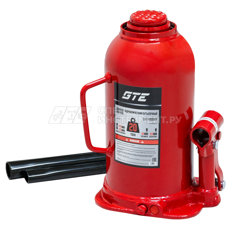 Домкрат гидравлический бутылочный 20т (h min-235мм, h max-445мм, ход штока-150мм, ход винта-60мм) GTE /1/2