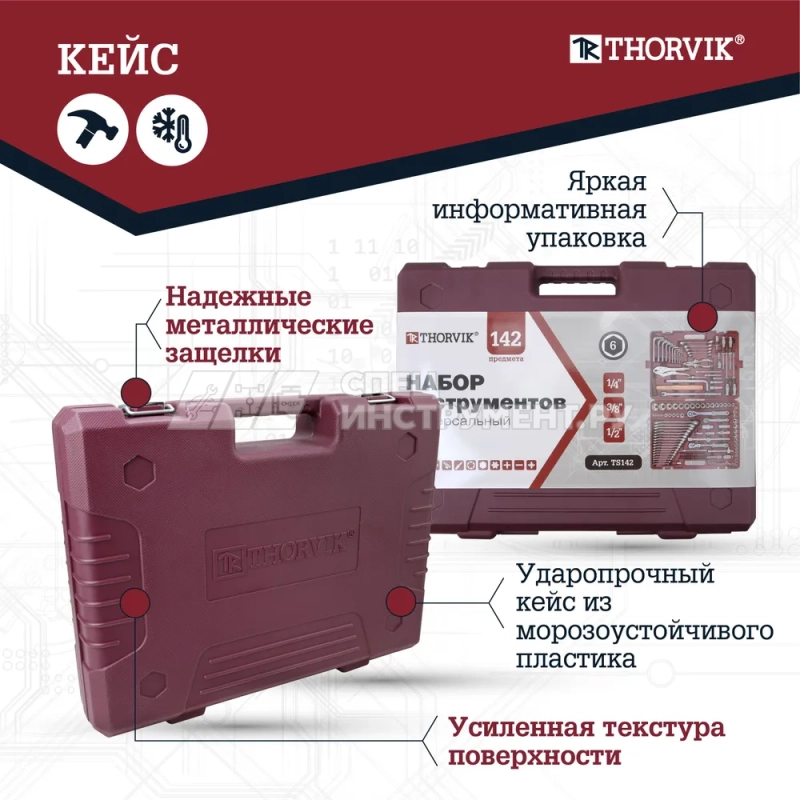 TS142 Набор инструмента универсальный 1/4", 3/8" и 1/2"DR, 142 предмета
