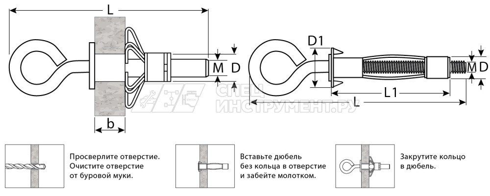Анкер МОЛЛИ для пустотелых материалов, с кольцом, 11 мм х M5 x 52 мм, 80 шт, оцинкованный, ЗУБР