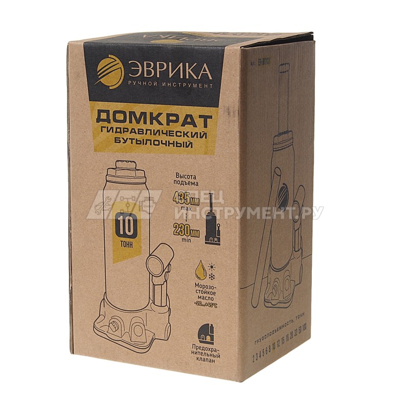Домкрат гидравлический ER-80101 бутылочный с клапаном 10т, ремкомплект (выс. подъема 230-435мм) ЭВРИКА