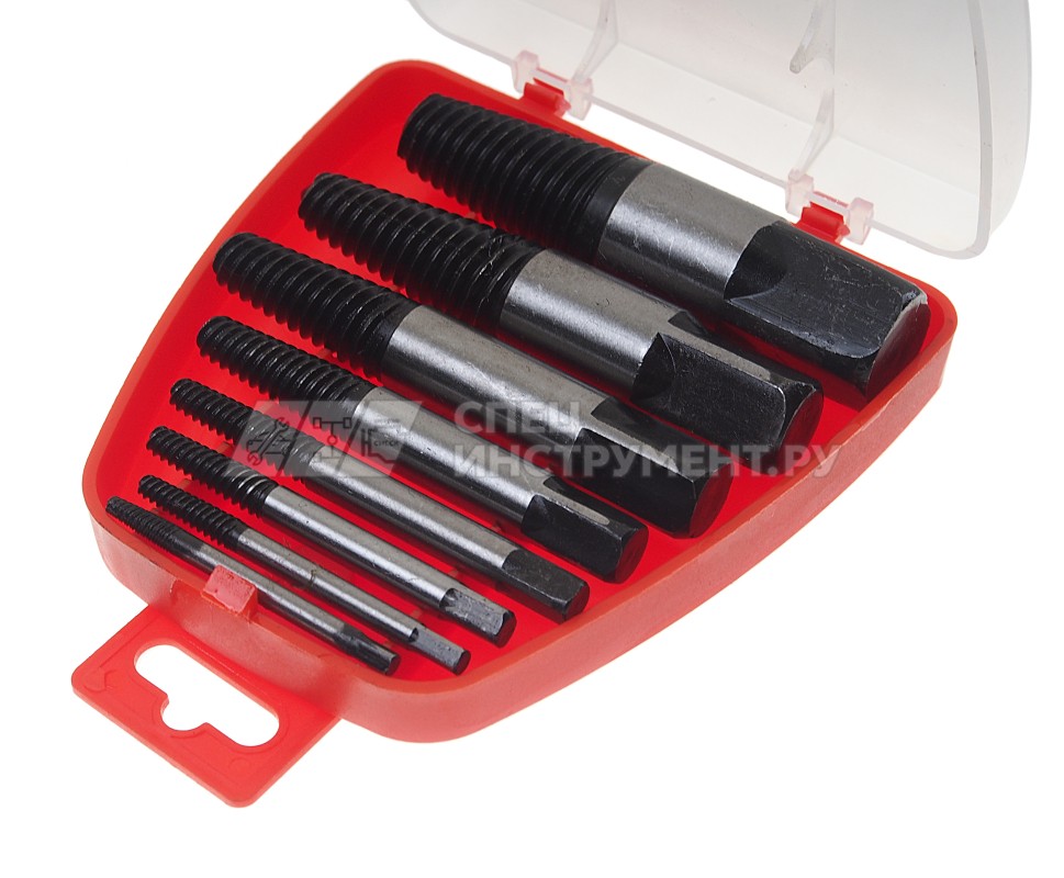 Набор экстракторов резьбы HSS 4241,8пр.(O:3-6мм, 6-8мм, 8-11мм, 11-14мм, 14-18мм, 18-22мм, 20-22мм, 22-26мм; "мелкий шаг"), в пластиковом футляре  ROCKFORCE /1