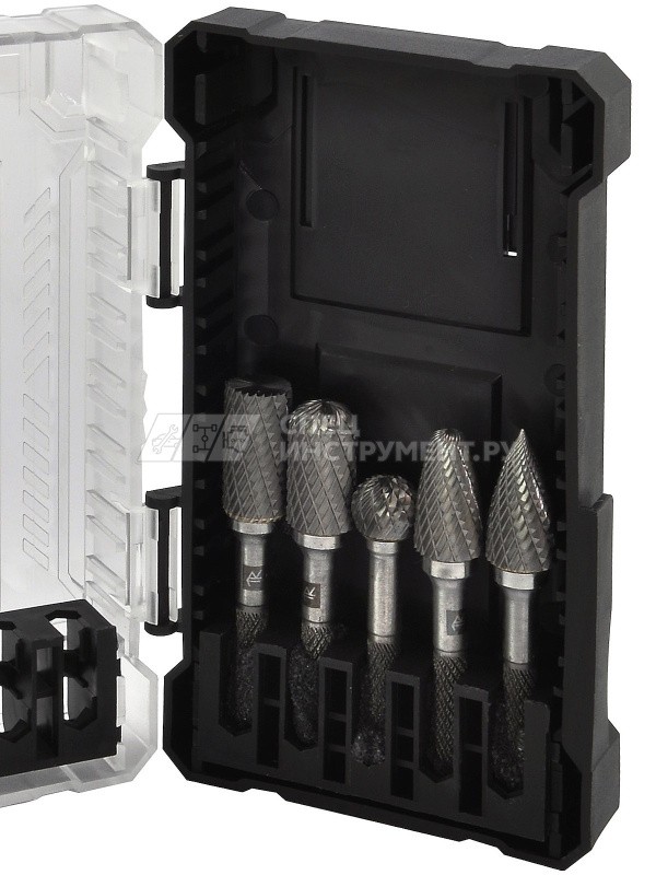 TRRB060605-2S  Набор борфрез твердосплавных, тип B, C, D, F, G, 6 мм, двойная насечка, в кейсе, 5 предметов