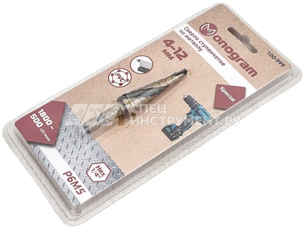 Сверло ступ. по мет. витое 4-12мм, 9 ступ.,шаг 1мм, Р6М5, Hex 1/4", MONOGRAM Special 100-999