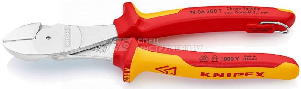 Бокорезы особой мощности VDE 1000V, рез: проволока средней твёрдости  4.2 мм, твёрдая проволока  3 мм, рояльная струна (HRC 59)  2.5 мм, L-200 мм, диэлектрические, хромированные, 2-компонентные рукоятки, крепление для страховки