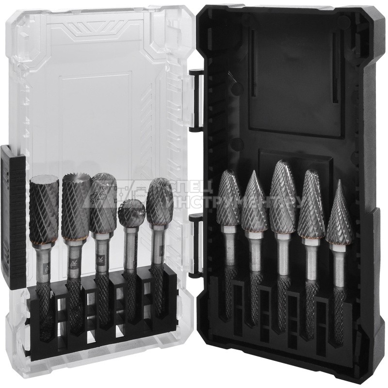 TRRB060610-2S  Набор борфрез твердосплавных, тип A, B, C, D, E, F, G, H, L, M, 6 мм, двойная насечка, в кейсе, 10 предметов