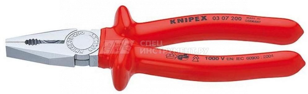 Плоскогубцы комбинированные VDE 1000V, рез: проволока средней твёрдости  3.8 мм, твёрдая проволока  2.5 мм, кабель  15 мм (25 мм), L-250 мм, диэлектрические, хромированные, обливные рукоятки