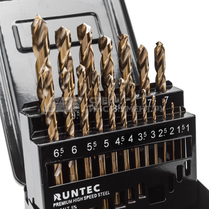 Набор сверл по металлу RUNTEC 1-10 мм, HSS-Co5, 19 предметов
