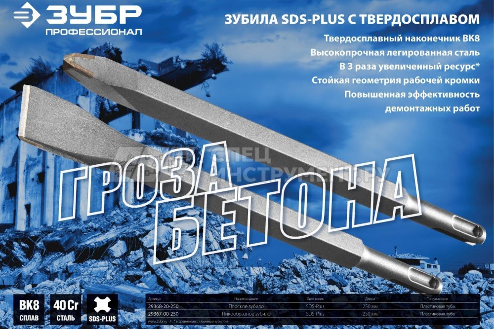 Зубило ЗУБР "ПРОФЕССИОНАЛ" SDS-Plus плоское с твердым сплавом для перфораторов, 250мм
