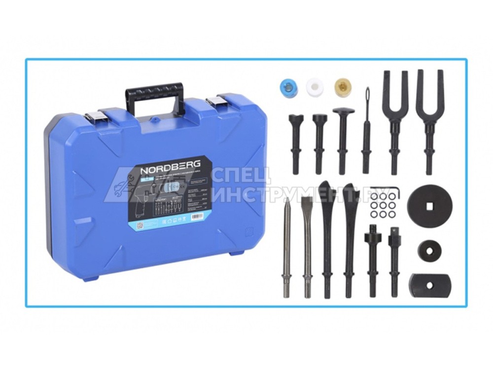 Пневмозубило 250 мм, с комплектом насадок и быстросъемным держателем в кейсе, 20 предметов