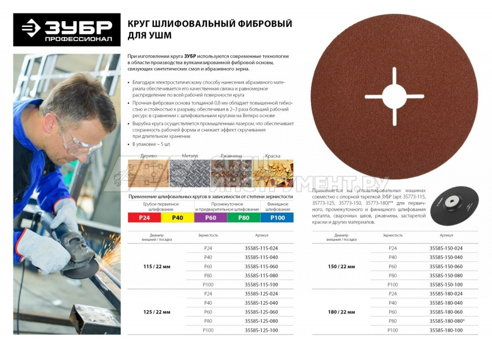 Круг шлифовальный ЗУБР "ПРОФИ" фибровый, для УШМ, P100, 180х22мм, 5 листов