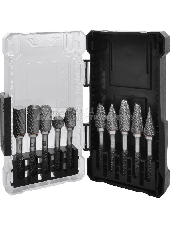 TRRB120610-2S  Набор борфрез твердосплавных, тип A, B, C, D, E, F, G, H, L, M, 12 мм, двойная насечка, в кейсе, 10 предметов