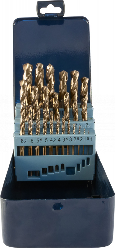 Набор спиральных сверл по металлу HSS Co в металлическом кейсе, d1.0-13.0 мм, 25 предметов