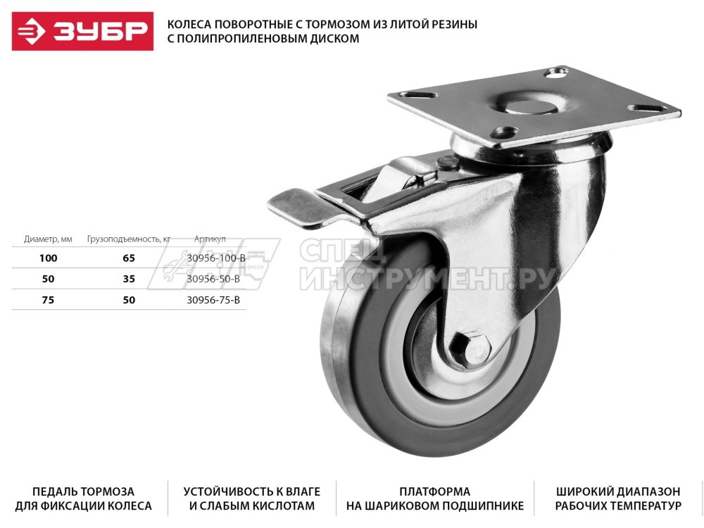 Колесо поворотное с тормозом d=75 мм, г/п 50 кг, резина/полипропилен, ЗУБР