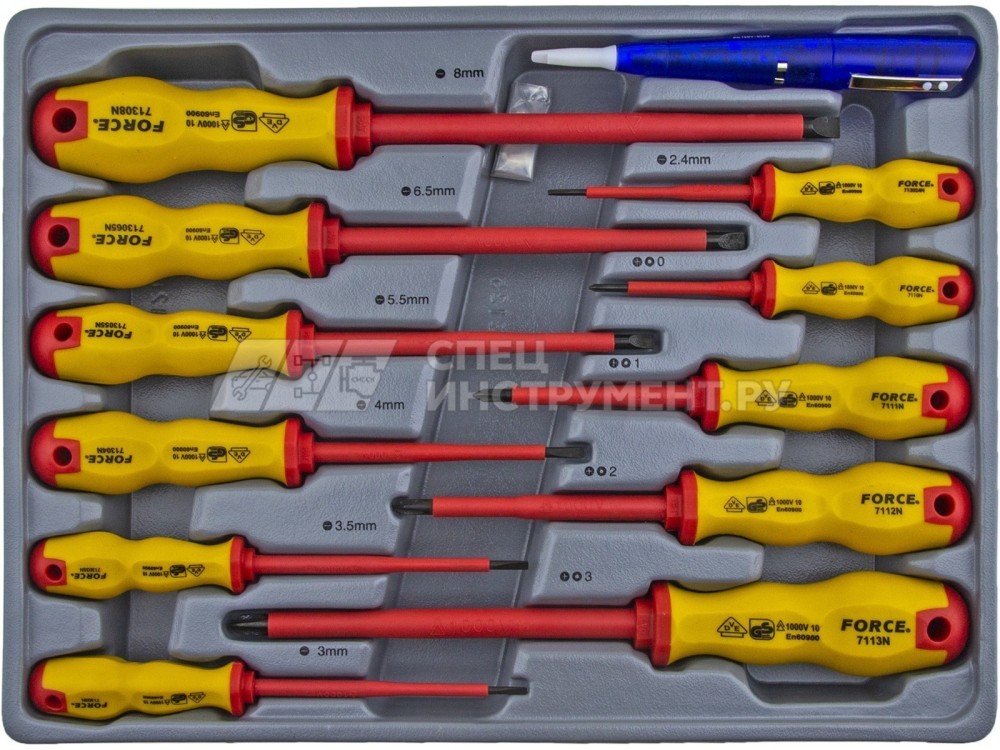 Набор отверток диэлектрических PH0-PH3, 2.5-8мм, тестер, 12пр. 