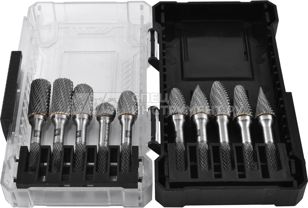 TRRB120610-2S  Набор борфрез твердосплавных, тип A, B, C, D, E, F, G, H, L, M, 12 мм, двойная насечка, в кейсе, 10 предметов