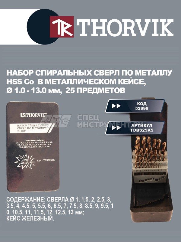 Набор спиральных сверл по металлу HSS Co в металлическом кейсе, d1.0-13.0 мм, 25 предметов
