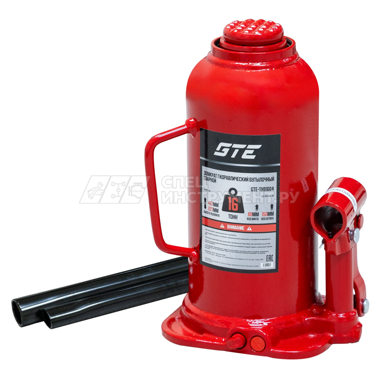 Домкрат гидравлический бутылочный 16т (h min-227мм, h max-457мм, ход штока-150мм, ход винта-80мм) GTE /1/2