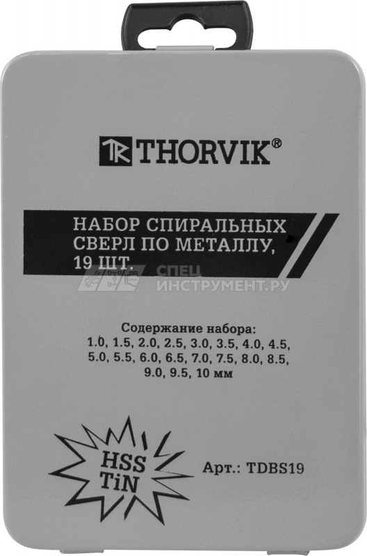 Набор спиральных сверл по металлу HSS TiN в металлическом кейсе, d1.0-10.0 мм, 19 предметов