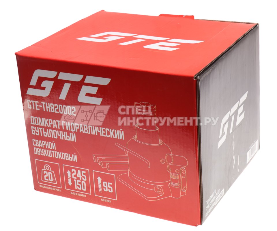 Домкрат гидравлический бутылочный низкопрофильный с двумя штоками 20т (h min-150мм, h max-245мм, ход штока-95мм) GTE /1/3