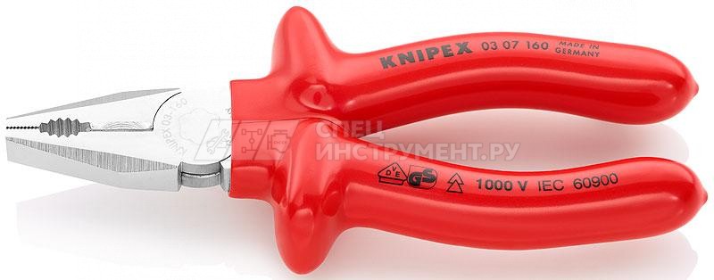 Плоскогубцы комбинированные VDE 1000V, рез: проволока средней твёрдости  3.1 мм, твёрдая проволока  2 мм, кабель  10 мм (16 мм), L-160 мм, диэлектрические, хромированные, обливные рукоятки