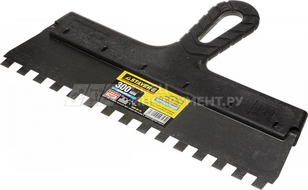 Шпатель STAYER "PROFESSIONAL" нержавеющий зубчатый с пластмассовой ручкой, 300мм, зуб 10х10мм