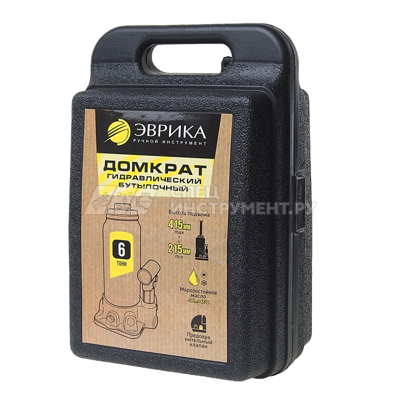 Домкрат гидравлический ER-80062S бутылочный с клапаном 6т, ремкомплект (выс. подъема 215-415мм) в кейсе ЭВРИКА