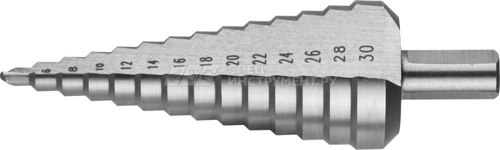 Сверло ЗУБР "КОБАЛЬТ" ступен. по сталям, цв.мет.ст.Р6М5 с кобальт.покрыт.d4-30 мм,14ст.d4-30, L-100мм, трехгр.хв. 10мм