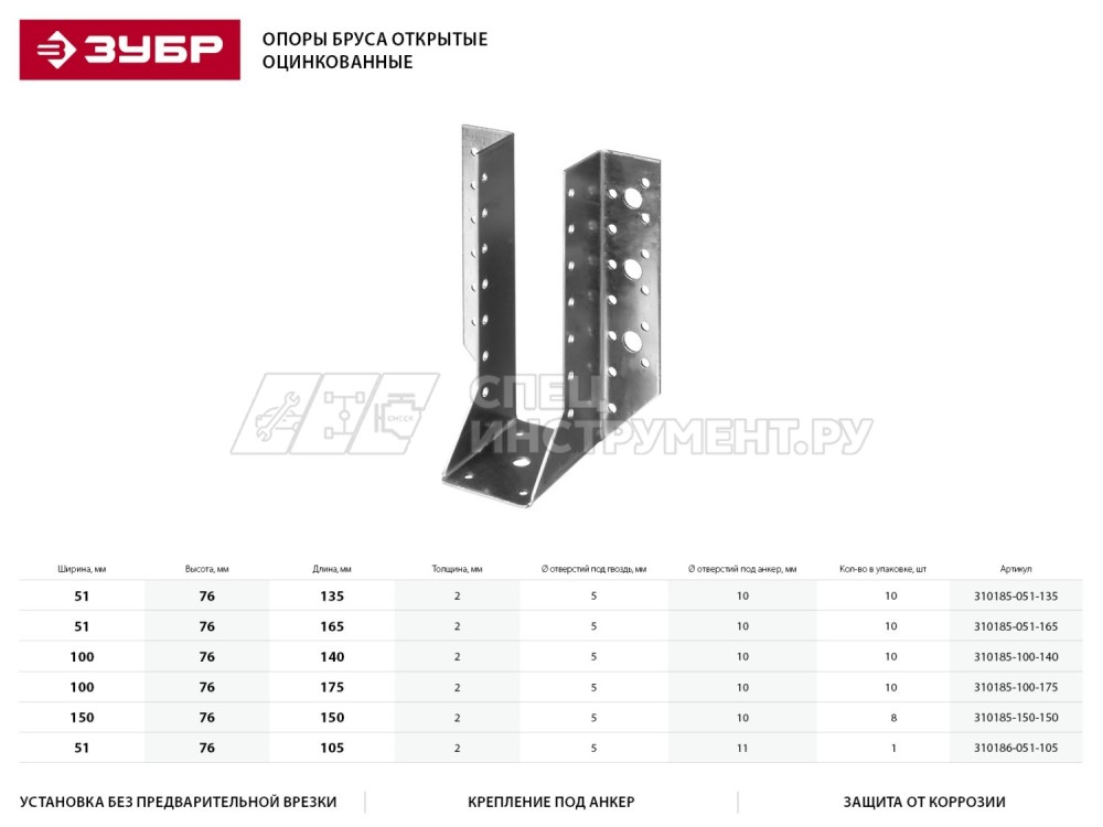 Опора бруса ЗУБР "МАСТЕР" открытая, 150х150мм, 8шт