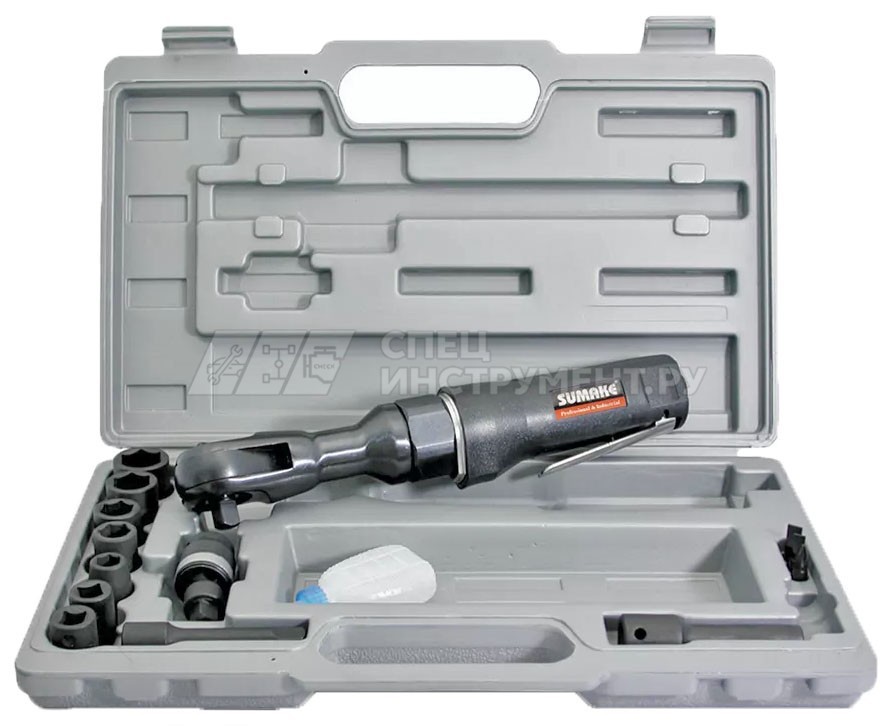 Пневмотрещотка, 1/2" 100Нм, 160об/мин, с набором головок 10-17мм