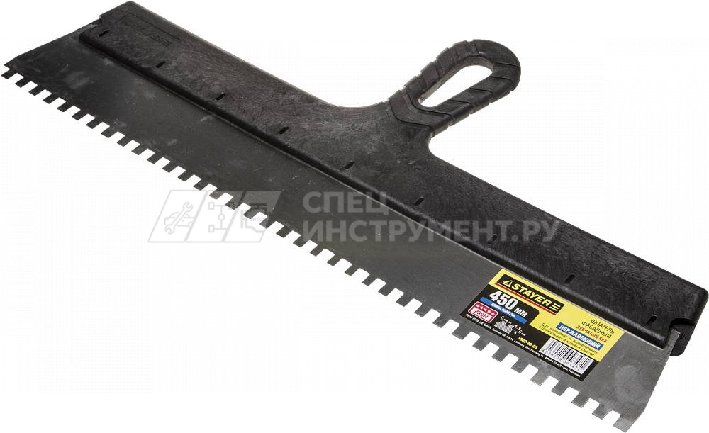 Шпатель STAYER "PROFESSIONAL" нержавеющий зубчатый с пластмассовой ручкой, 450мм, зуб 6х6мм