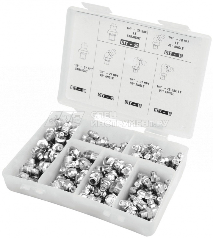 Комплект  пресс-масленок  в пластиковой коробке, 110 шт, М6, М8, М10, прямой и 90, GFT/KIT/M-110