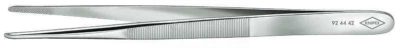 Пинцет захватный прецизионный, закруглённые губки шириной 2 мм с мелкой крестообразной насечкой, пружинная сталь, хромированный, L-140 мм