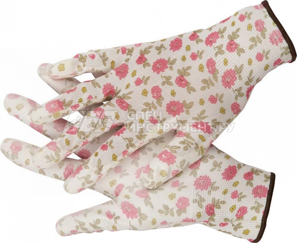 Перчатки GRINDA садовые, прозрачное PU покрытие, 13 класс вязки, бело-розовые, размер L