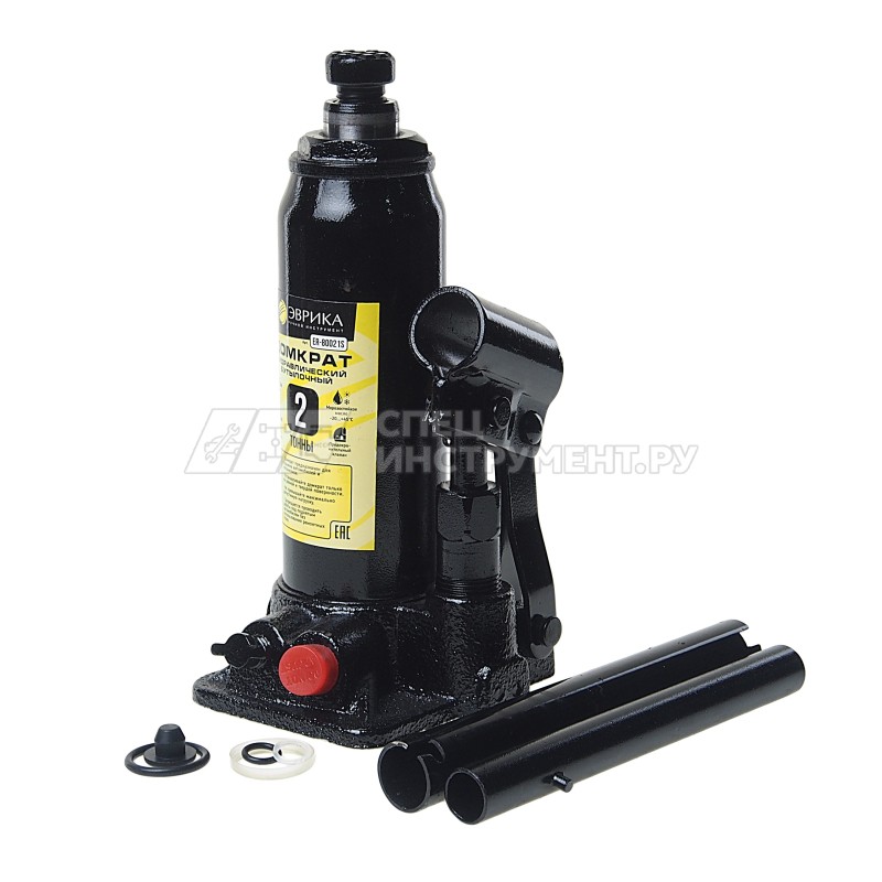 Домкрат гидравлический ER-80021S бутылочный с клапаном 2т, ремкомплект (выс. подъема 180-345мм) в кейсе ЭВРИКА