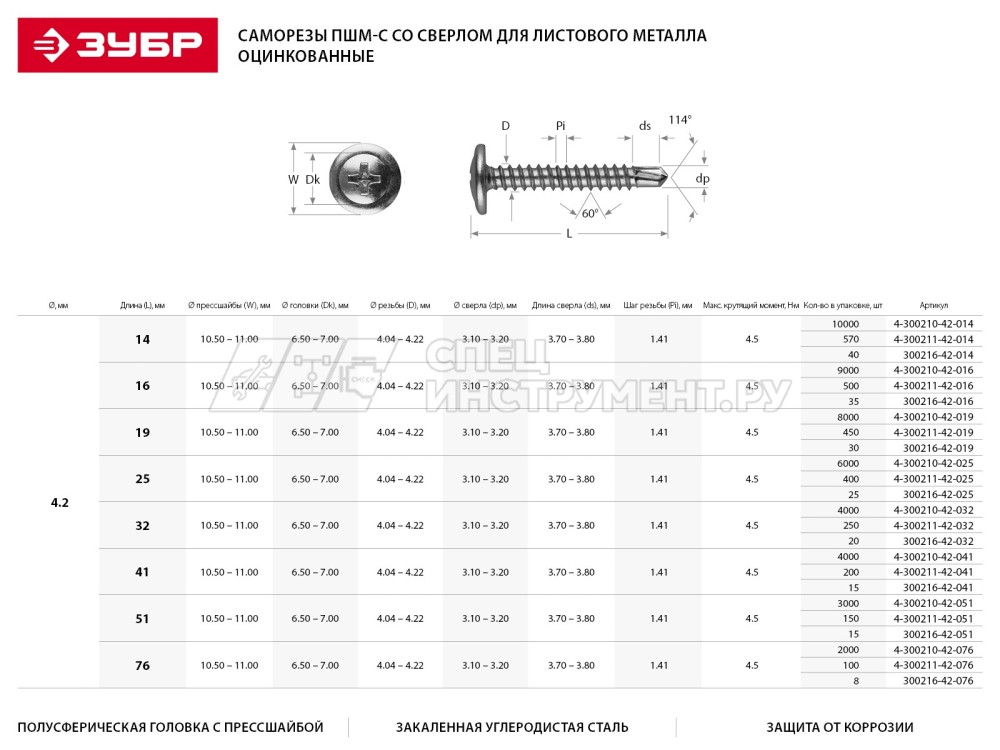 Саморезы ПШМ-С со сверлом для листового металла, 16 х 4.2 мм, 55 шт, ЗУБР