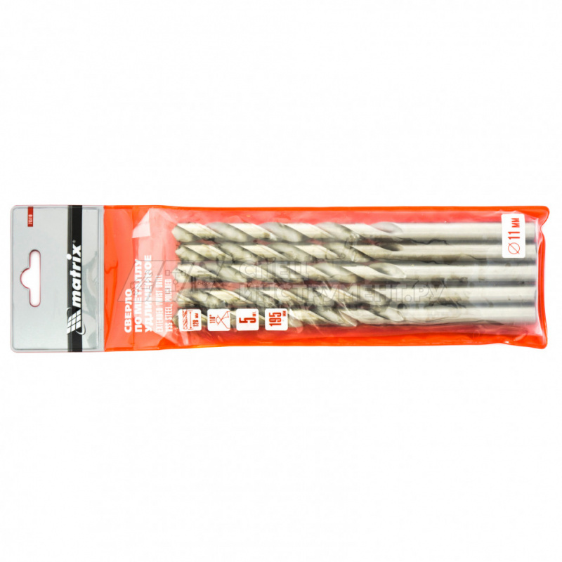 Сверло по металлу, 11,0 х 195 мм, полированное, удл., HSS, 5 шт. цил. хв.