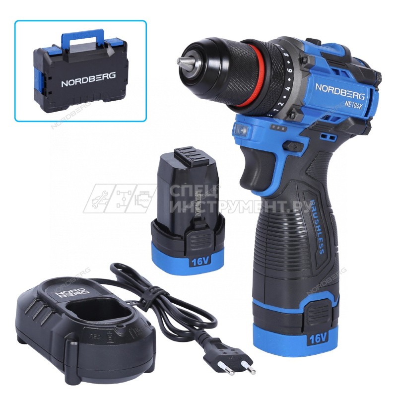 Шуруповерт аккумуляторный макс.диам. сверла 10 мм, 16 В, 60 Нм с 2 аккумуляторами и зарядным уст-вом