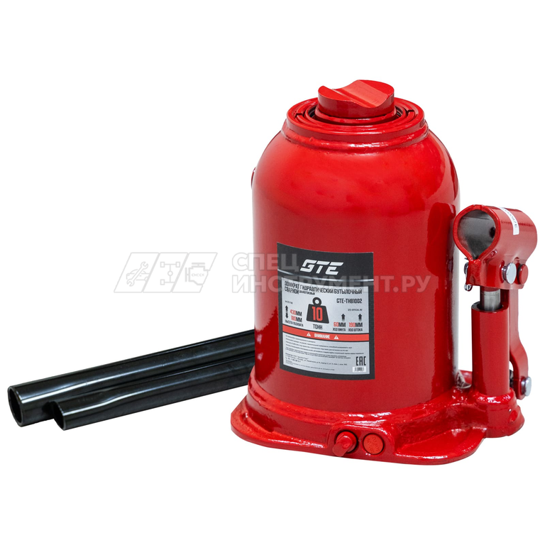 Домкрат гидравлический бутылочный с двумя штоками 10т (h min-180мм, h max-430мм, ход штока-190мм, ход винта-60мм) GTE /1/6